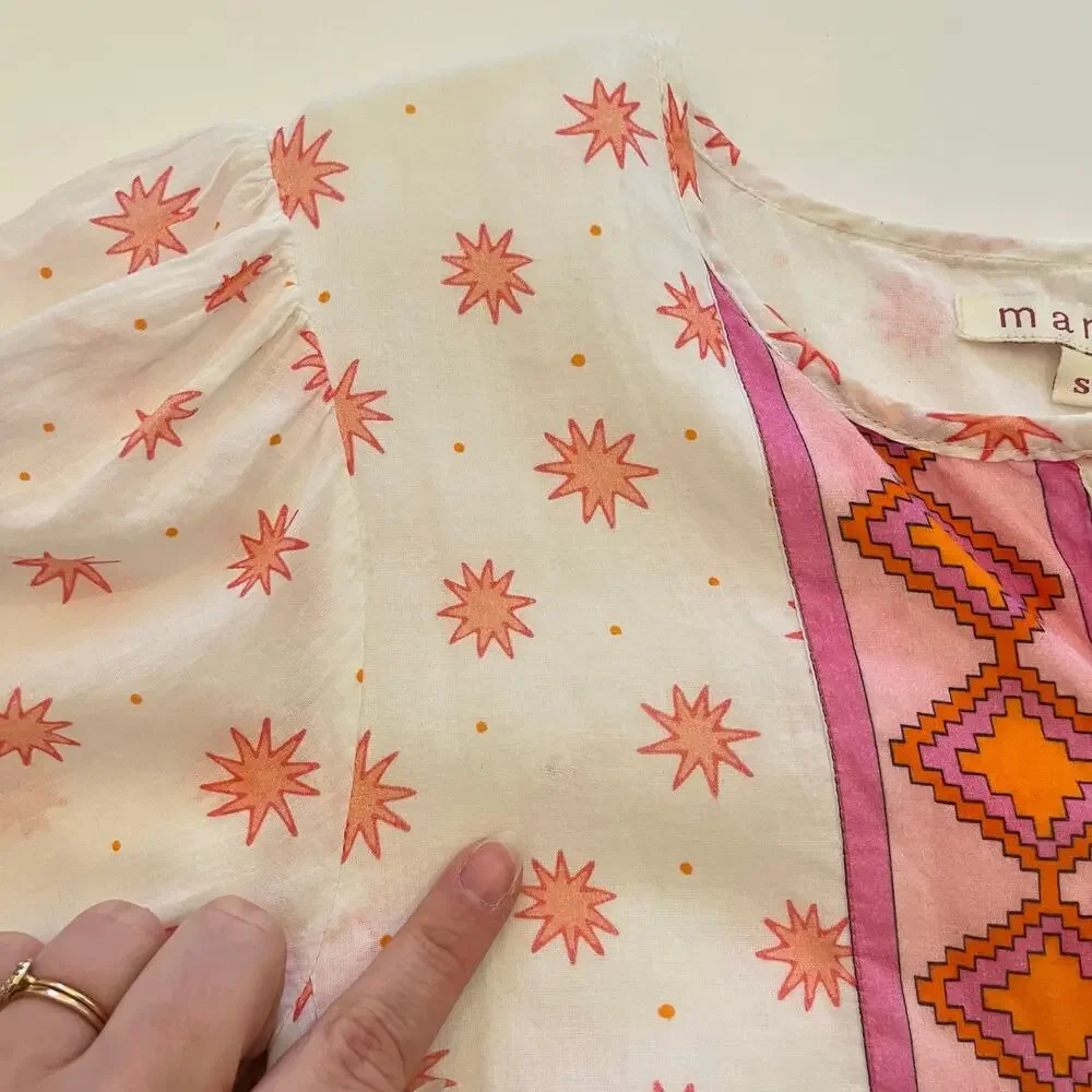 Marea Tiki Dress S Mini Starburst Aztec Print Beachy Coverup Boho Resort‎ White